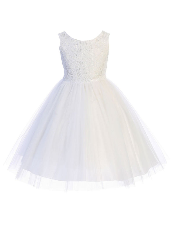 Kids Dream Big Girls White Lace Illusion Tulle Flower Girl Dress 8-12 - SophiasStyle.com